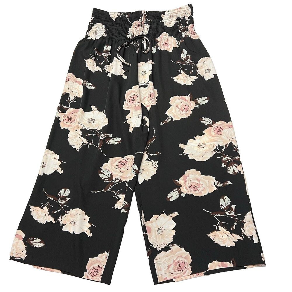 No Brand Women's Wide Leg Smocked Waist Lightweight Pants 2XL Black Floral Boho